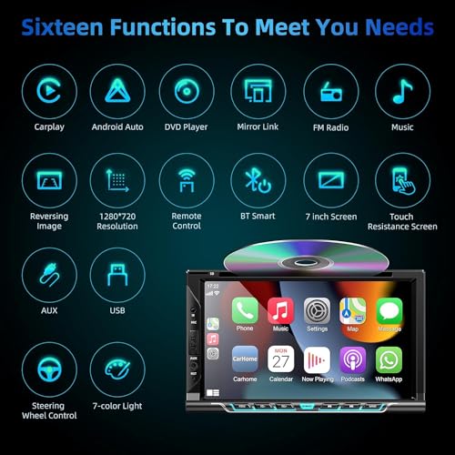 Double Din Car Stereo with Carplay&Android Auto,7 Inch HD Touchscreen Car Radio Support CD DVD Player,Bluetooth,Backup Camera,Mirror Link,SWC,Subwoofer,USB/TF/AUX Input, AM/FM Car Stereo Receiver