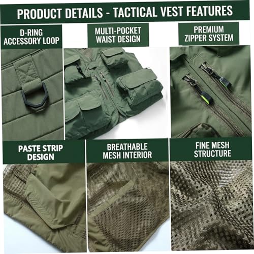 Chaleco de pesca caqui talla S para hombre con panel desmontable y multibolsillos 3