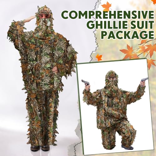 Cutecrop 2 Pack Ghillie Suit 3D Leafy Camo Hunting Suits Ghillie Camouflage Leafy Hatand Full Face Mask Ghillie Hunting Suits Pants Lightweight Clothes Leaf Hunting Suits Unisex (Green,Large) - Thumbnail 7