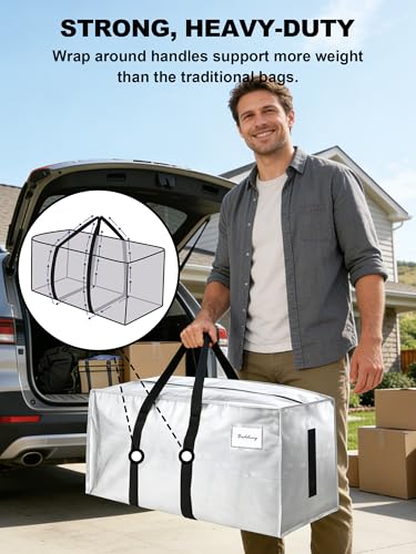 Image of HOMESURE Supports 200lbs Heavy Duty Moving Bags - Strong Zipper & Wrap-Around Handles - Water-Resistant Storage Totes, Durable Alternative to Moving Boxes - 12 Pack - Light Silver