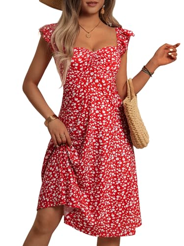 FENSACE Süßes Sommerkleid, Herzausschnitt, Rüschenärmel, Blumenmuster, knielanges Kleid, Rot / Weiß mit Blumenmuster, 23, Groß