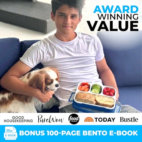Image of kinsho Bento Lunch Box for Kids Boys Adults, Portion Control Meal Container with 4 Divided Compartments, BPA Free Snackle Snack Food Container for School Work Travel, Utensils, Blue
