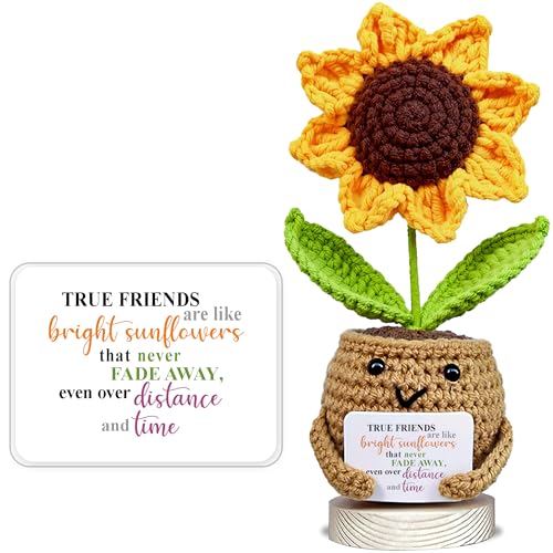 Image of Handmade Positive Sunflower Crochet Doll for Women with True Friends are Like Bright Sunflowers Card - Cute Decorative Friendship Gifts for Birthday
