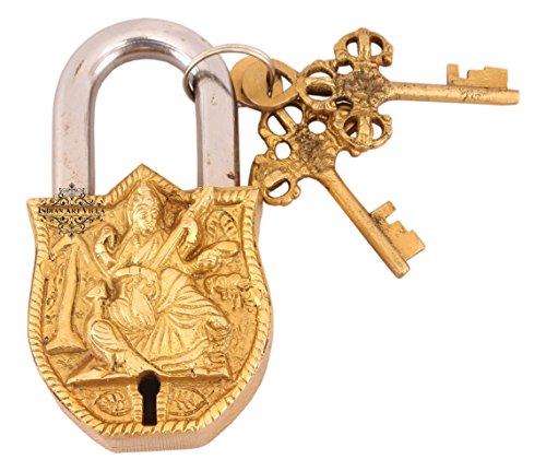 Image of Indian Art Villa Handmade Old Vintage Style Antique Godess Saraswati Ji Design Brass Security Lock with 2 Keys Om Design on Back|Home Temple Office