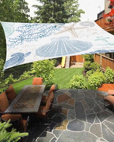 Coastal Blue Sun Sail Shades Rectangle Canopy,Sunlight Block Heavy Duty Curved Backyard Shade Cover,Waterproof Sun Shades for Patios Garden Outdoor,12'x16' Nautical Turtle Shell Starfish Anchor Coral