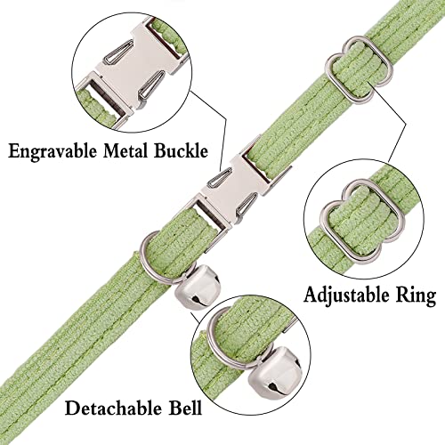 Personalized Cat Kitten Collars with Bow Bell,Custom Engraved Kitty Collars for Girls Boys Cats Soft Strip Velvet Pattern-Light Green