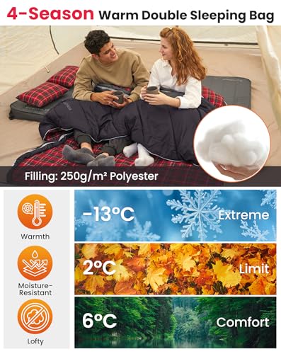 Image of KingCamp Double Sleeping Bag for Adults, Queen Size 2 Person XXL Flannel Sleeping Bag, Waterproof Lightweight Flannel Quilt with 2 Pillows, Perfect for Couples Family Camping Hiking