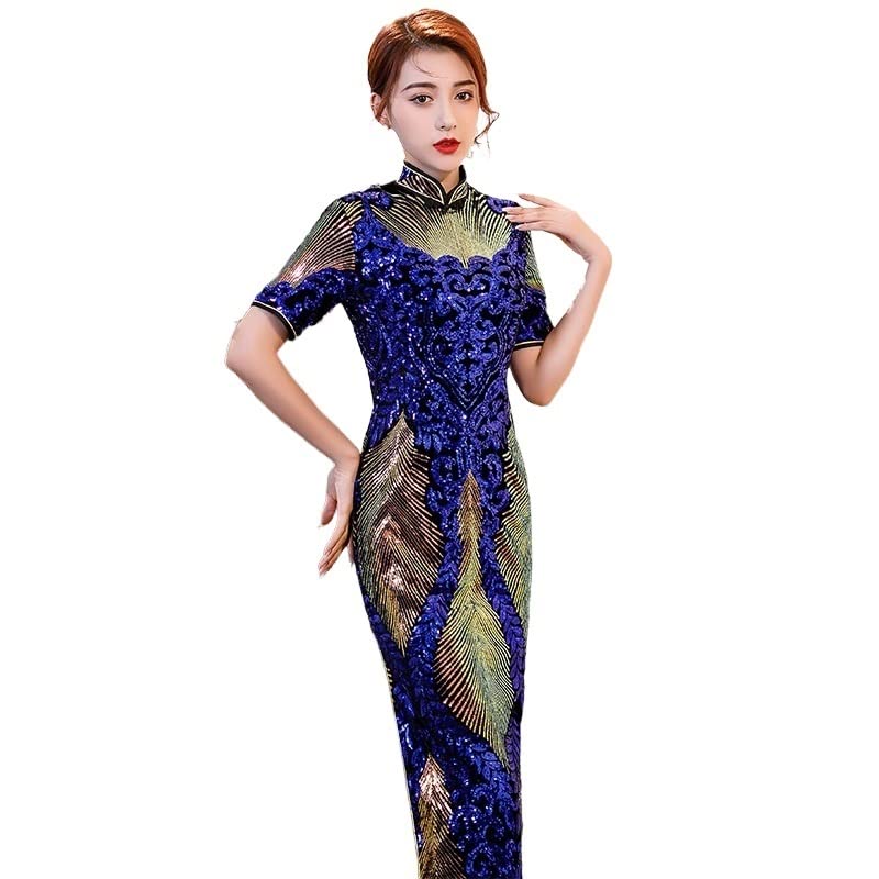 お花のデザインが美しい スパンコールの半袖 イブニングドレス