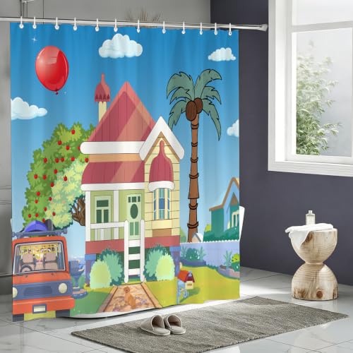Image of Blue Them Balloon Cartoon House 72x78 Decorative Shower Curtain With Hooks | Bluey Backdrop With Cartoon House Red Balloon Print, Polyester Shower Curtain, With Hooks For Bathroom Decoration