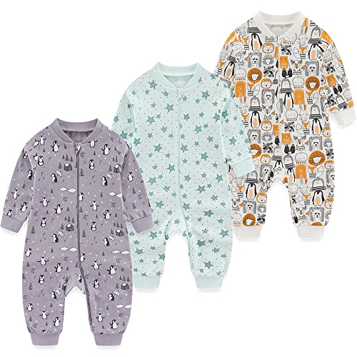 MAMIMAKA Pijama unisex de algodón con cremallera de 2 vías para dormir y jugar, paquete de 3 – 24 meses, Footless 2-pingüino/estrella de mar/animal, 6 mes