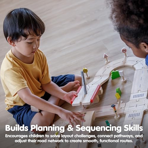 Image of PlanToys Wooden Road System Play Set | Montessori Imaginative City Building and Transport Play Activity | Eco Friendly Open Ended Road and Track Construction Toy