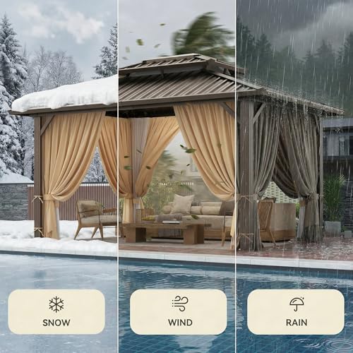 Image of HOTEEL 10x12 Hardtop Gazebo on Clearance with Galvanized Steel Double Roof, Heavy Duty Gazebo with Flame-Retardant Curtain & Netting,Aluminum Frame Outdoor Canopy for Patio, Party, Brown