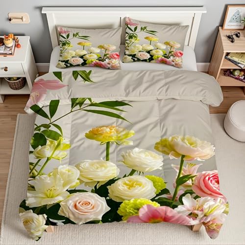 Parure de lit fleurs en microfibre douce avec housse de couette 240 x 260 rose - 3
