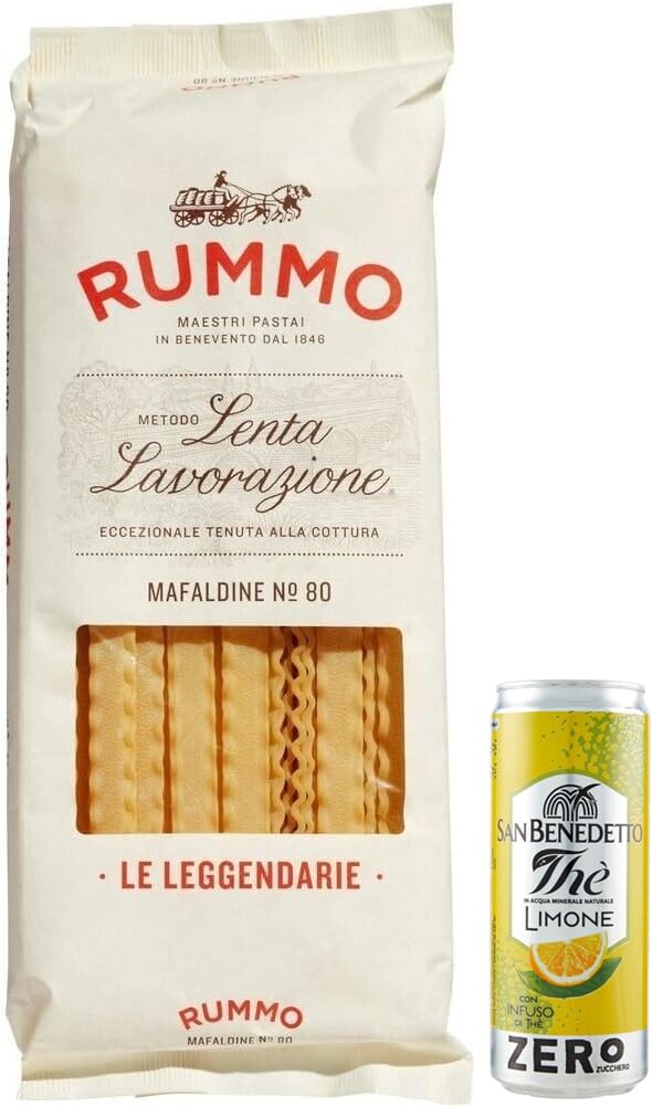 24er-Pack Rummo Pasta Mafaldine N°80,Italienische Nudeln aus Hartweizengrieß,500g + 1er-Pack Kostenlos San Benedetto Eistee mit Zitrone Ohne Zucker 330ml Dose
