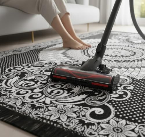 Image of Chenille /Cotton Carpet 5x7 Feet | Soft Velvet Rug for Living Room, Hall & Bedroom | Floor Carpet for Home | Designer Dari for Floor 150x210 cm | Non-Slip & Durable Kalin (Black)