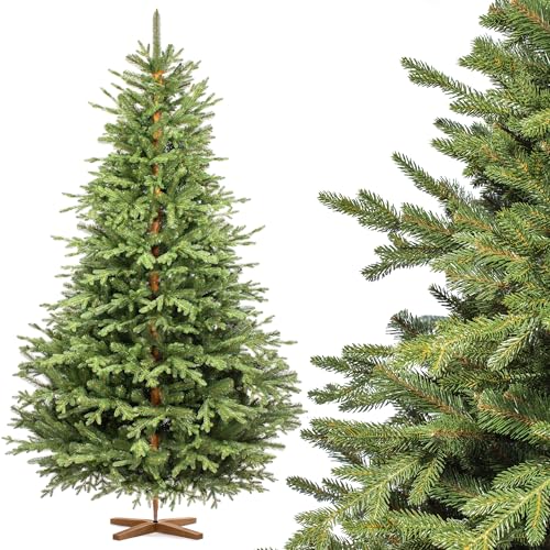 Albero di Natale artificiale FairyTrees 220cm | Abete alpino Premium con supporto in legno | Facile da Montare | Prodotto in EU