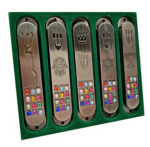 Set Of 5 Pewter Jewish Mezuzah Case With Hoshen 12 Tribes Of Israel Star Of David Menorah Door Mezuza With Scroll 3.5 Inches #TOP2