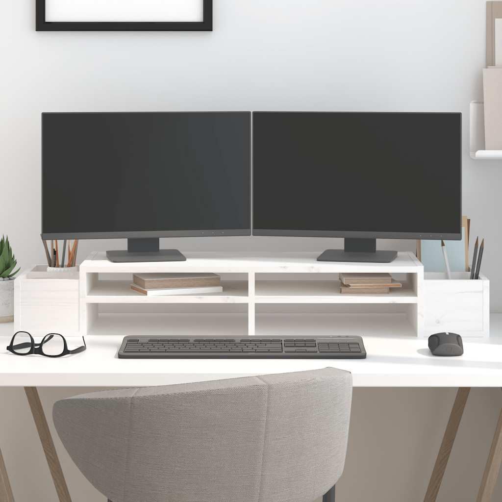 Supporto per monitor bianco in legno di pino massiccio, 100 x 27,5 x 15 cm, con 4 ripiani, supporto da tavolo per computer per monitor e notebook in casa