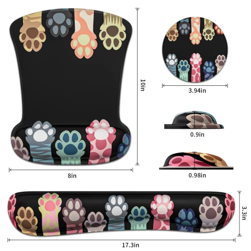 Black Wrist Rest Support Ergonomic Gel Mouse Pad & Memory Foam Keyboard Set Non-Slip Rubber PU Base Easy Typing and Relieve Wrist Pain Mouse Mat for Computer Office - Colorful Cat Paws - Thumbnail 6