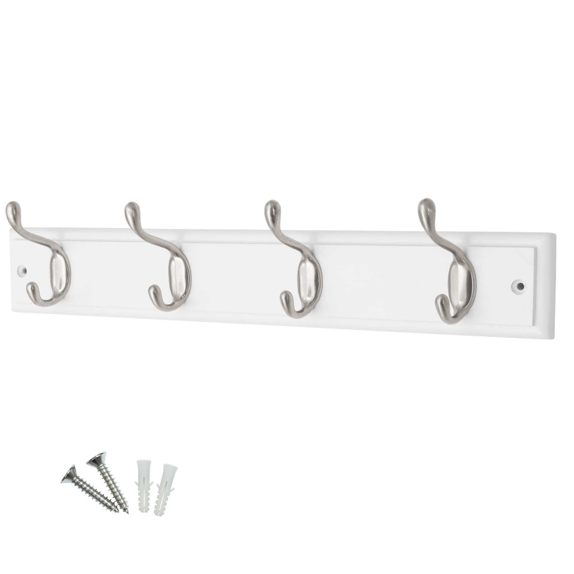 Sponsored Ad – 4-Hook Wall-Mounted Coat Rack, 45cm - White Wooden Board, Satin Nickel Coat Hooks - Fixings Included