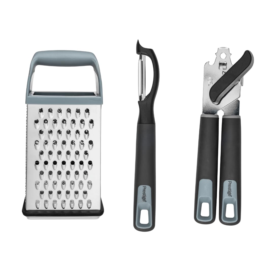 Prestige Silicone Kitchen Utensil Set of 3 – Vegetable Peeler, Tin Opener, Cheese Grater with Container and Lid