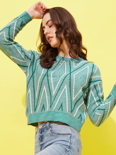 Image of Modeve Self Design Round Neck Casual Women Crop Top Sweater||Winterwear||
