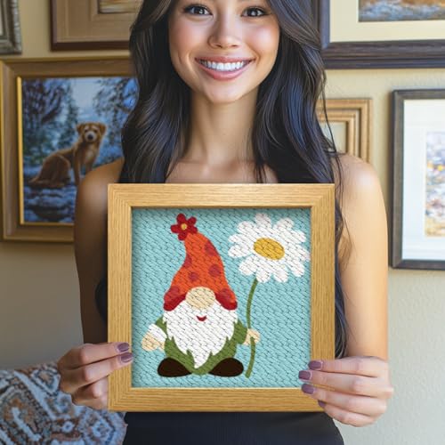 Image of BEUNITONE 2 Sets Gnome Punch Needle Kits Flower Beginner Punch Embroidery Kits Stitching Kit for Wall Hanging 9.4'' x 9.4'' Embroidery Starter Kits with Instructions for Adults Craft DIY Birthday