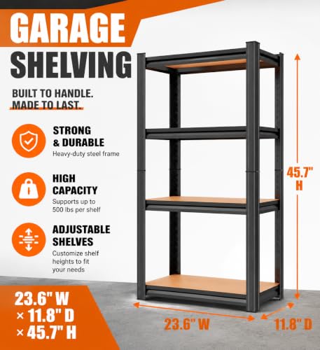 Image of Garage Shelving Unit, Heavy Duty Adjustable Storage Shelves, Metal & Wood Pantry Shelf Organizer, 2000 lbs Capacity Shelves for Heavy Tools and Equipment, 4Tier-23.6 inch Wx 11.8 inch Dx 45.7 inch H