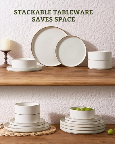 Image of Famiware Nebula Plates and Bowls Sets, 18 Pieces Stoneware Dinnerware Sets, Reactive Glaze Dish Set, Dishes Set for 6, Matte Beige White with Brown Rim