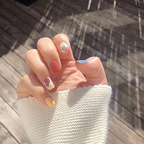 Glossy Square Short Press on Nails with Designs,Colorful Acrylic Nails Press on,Stick on Nails for Women,Artificial Glue on Nails,Fake Nails with Graffiti Pattern for Nail Art Decoration,24PCS