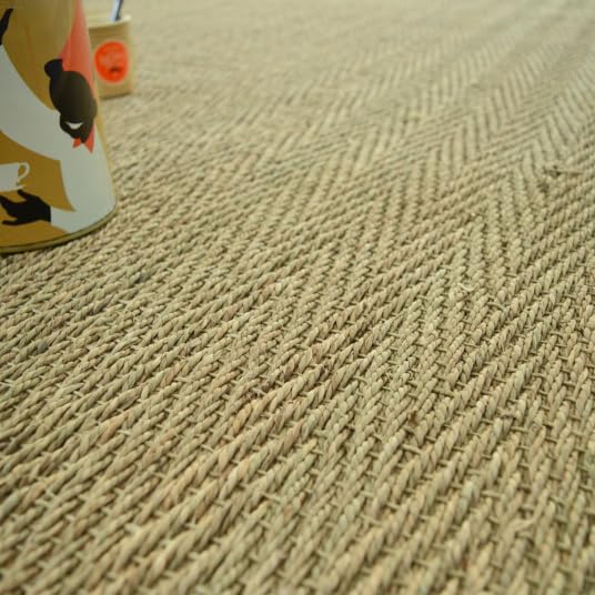 Decoweb Tapis Jonc de mer Bihar Fin Chevron - Ganse Coton Beige - 120 x 170 cm