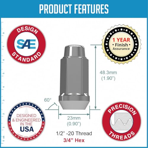 Image of Wheel Accessories Parts 32 Pcs 1 /2 inch-20 Thread Bulge Acorn 1.90 inch Long Lug Nuts Chrome 3 /4 inch 19mm Hex Fits Dodge D200 D250 D350 Chevy C20 C30 K20 K30