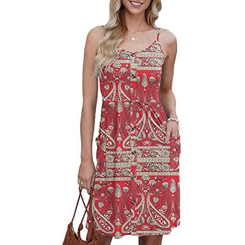 AUSELILY Women’s Summer Dresses Spaghetti Strap Dress Ladies Dresses V Neck Sleeveless Casual Beach Dress Strappy Button Dresses with Pockets Sundress Work Dress Office Dressing Boho Floral Red XL Cover
