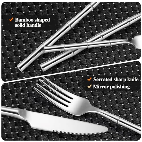 20 Pieces Bamboo Flatware Set Silverware Set Service for 4 Stainless Steel Fine Vintage Flatware Cutlery Set with Bamboo Design Handle Forged Restaurant Hotel Party Wedding Housewarming Gift Polished by OIULO - Used condition - Image 5