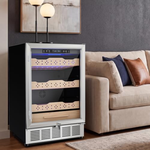 Image of 24 Inch Electric Humidor, Stainless Steel Humidor Cabinet with Large Capacity, Double-Layer Tempered Glass Door, Digital Temp & Humidity Control, Blue LED Light & Lock