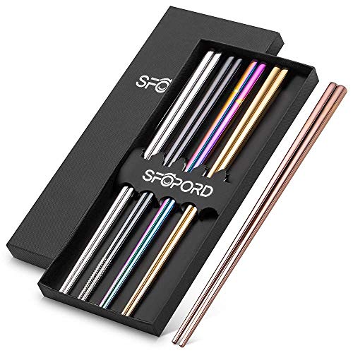 SFOPORD Stainless Steel Metal Chopsticks 5-Pairs Multicolor Reusable Rainbow Chopsticks set304 Stainless Steel Chopsticks Dishwasher-safe Non-Slip Metal Square Chopsticks Present