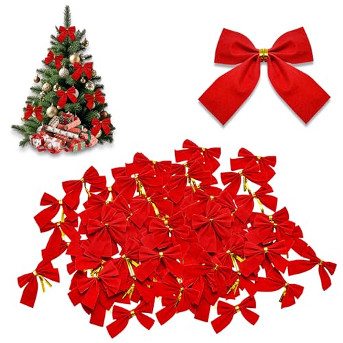DAQUN 48 Pcs Red Christmas Bows for Tree, Red Tree Bows - Velvet Xmas Bow Ornaments for DIY Garland, Wreath & Holiday Decorations (Small Festive Bow)