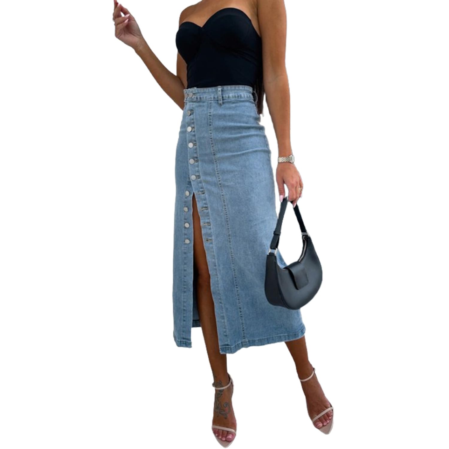Genérico Falda Tubo Vaquera de Cintura Alta para Mujer, Falda elástica con Abertura Irregular y Botones, Ropa Casual Moderna y Sexy para la Calle