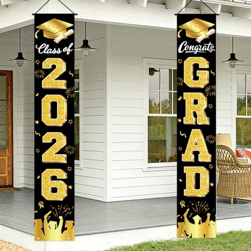 Image of Graduation Decorations 2026 Porch Banner, Black and Gold Graduation Banner Class of 2026, Congrats Grad Decorations for Door and Porch Party Supplies