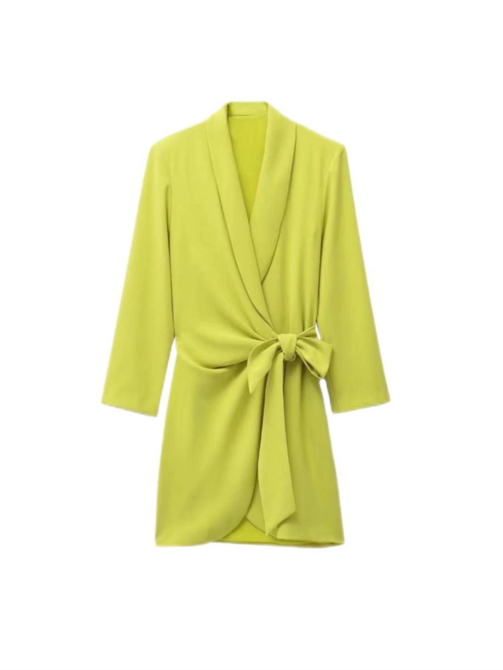 Moda donna con fiocco legato pieghettato Wrap Mini abito Vintage V collo manica lunga abiti femminili