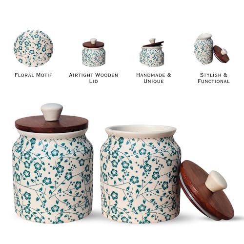Image of Vistas 'Heritage Green' Airtight 420ml Set of 1 Ceramic Jar for Kitchen Storage | Handcrafted Ceramic Barni with Wooden Lid | Multipurpose Pickle, Spice & Salt Container
