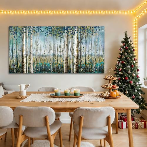 Image of Pogusmavi Forest & Mountain Wall Art Green Birch TreeFramed Nature Landscape Pictures for Living Room, Bedroom & Office Large Paintings Wall Decor Tree and Artwork for Wall Decor