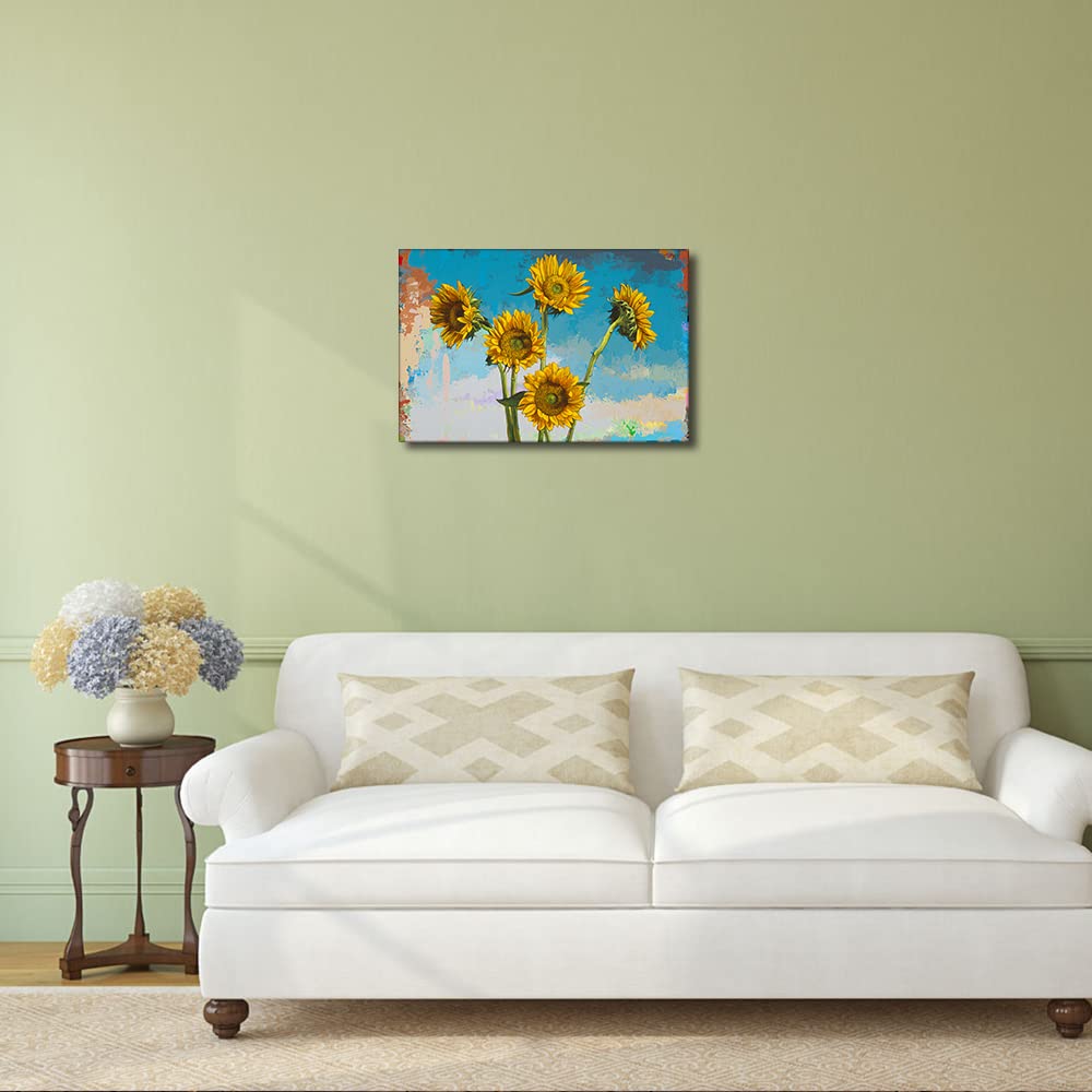 TISHIRON Canvas Wall Art Oil Painting of Sunflowers on Canvas Vintage Art Farmhouse Art for Home Office Bathroom Bedroom Stretched Giclee Framed Print Ready to Hang 8x12inch - Image 3
