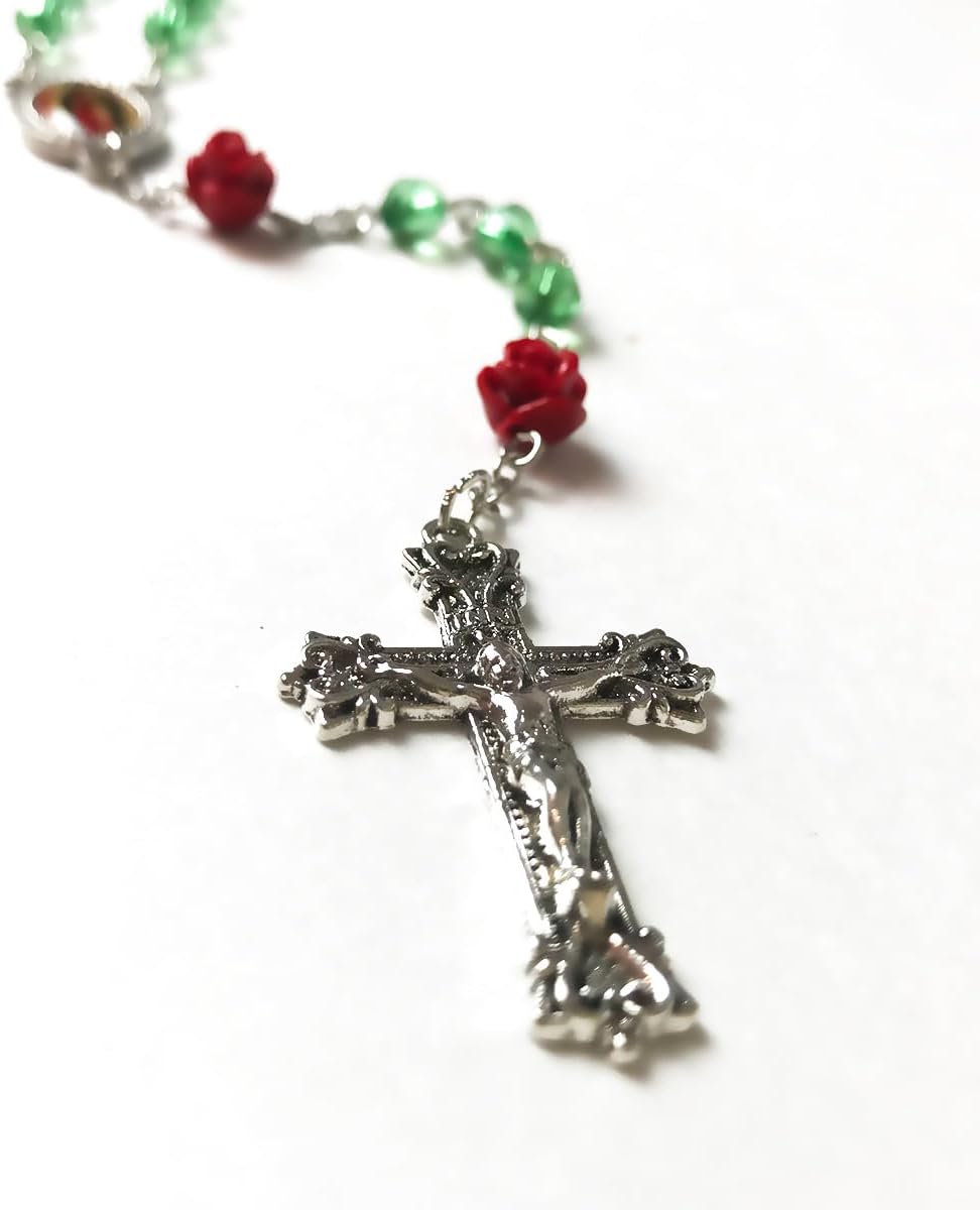 Our Lady of Guadalupe Emerald Green Crystal Cut Acrylic and Red Rose Rosary Beads Catholic for Women - Image 5