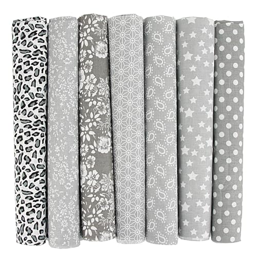 7er Set Baumwollstoff 50x50cm – Stoffe zum Nähen, Patchwork Stoffe, Stoffreste – DIY Stoff für Basteln, Quilten, Deko & Puppenkleidung – 100 % Baumwolle, Verschiedene Designs (Grau, 50x50cm)