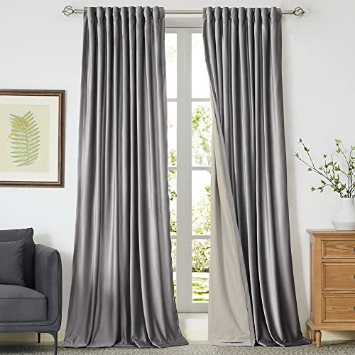 Image of 100% Full Blackout Silver Grey Velvet Curtains 84 inch Long for Living Room,Set of 2 Panels Liner Rod Pocket Back Tab Thermal Window Curtains Room Darkening Heavy Decorative Drapes for Bedroom