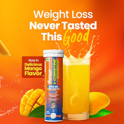 Image of Fast&Up L Carnitine 3000mg Effervescent Tablets | Triple Action L Carnitine Supplement with Garcinia Cambogia & Potassium | Fat Burner for Weight Loss | Controls Cravings I Reduces Bloating I Mango Flavour, Pack of 2