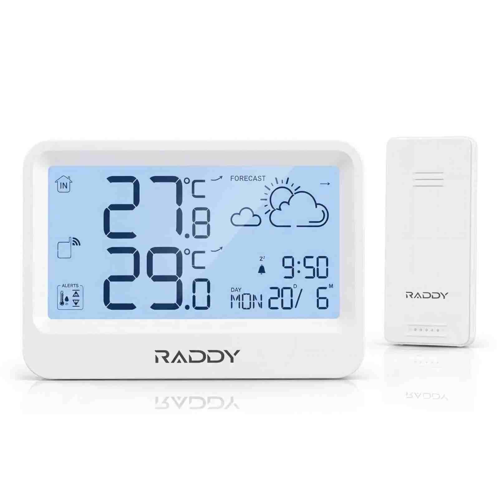 Weather forecast, frost alarm, alarm clock, battery operated, for home and garden Raddy WF-60 Digital Weather Station, Indoor Outdoor Thermometer
