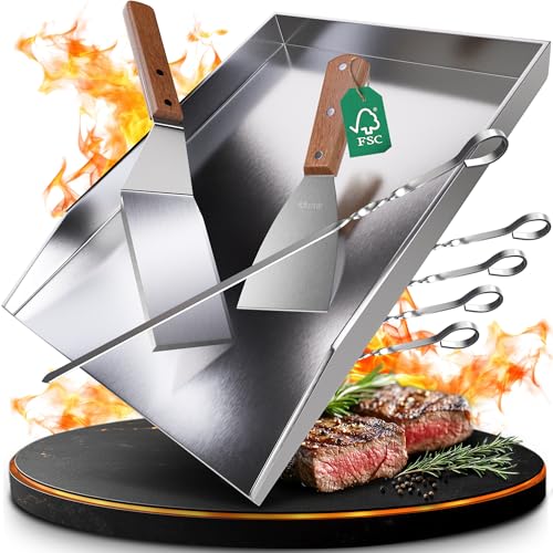 valuents® Grillplatte - Plancha Grill Platte aus dickem & rostfreiem Edelstahl – 40 x 30 cm – für BBQ Gasgrill & Kohlegrill geeignet +PLUS: Bürste & Grillspachtel 1