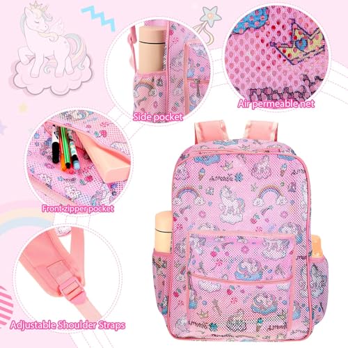 Image of Silkfly 3 Pcs Mesh Backpack Set, Heavy Duty Semi-transparent Bookbag with Lunch Bag Pencil Case for Travel, Beach, Sports